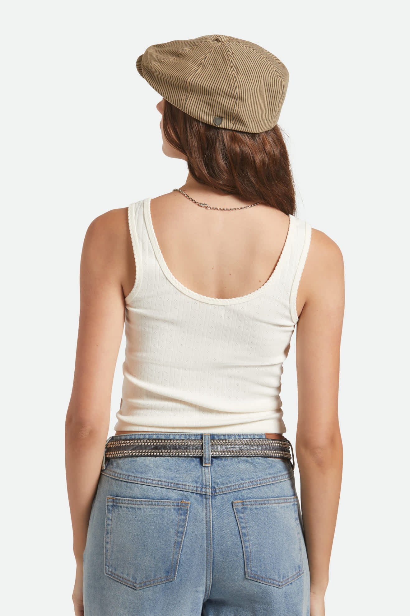 Unisex Brood Newsboy Cap in the color Dark Tan/Black Hickory Stripe - Women's Back View