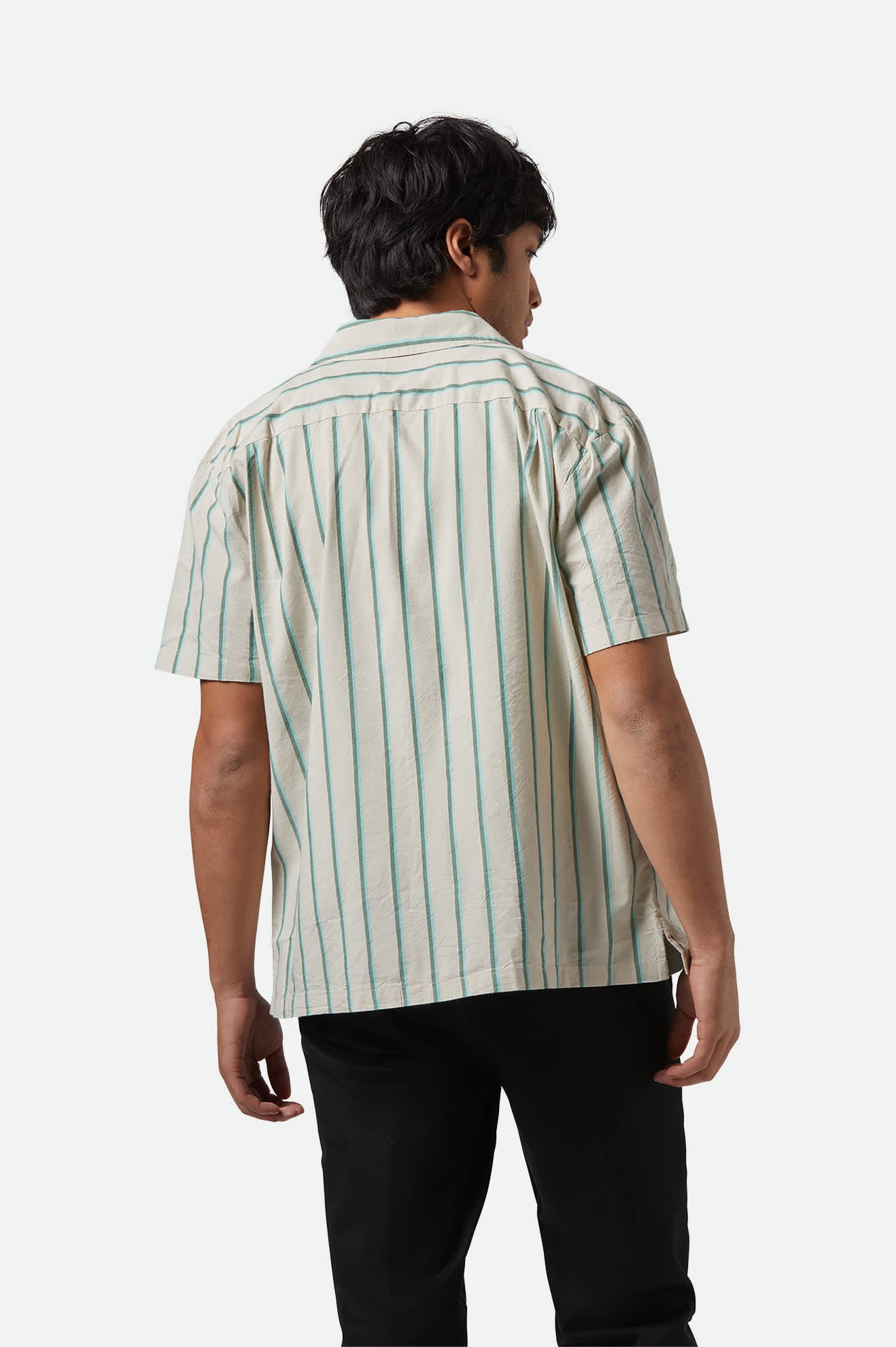 Men's CRU Stripe Relaxed S/S Shirt in the color Beige/Pine Needle/Aquatic Green - Men's Back View