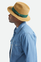 Unisex Roma Straw Packable Fedora in the color Dark Tan/Primal Green - Men's Side View