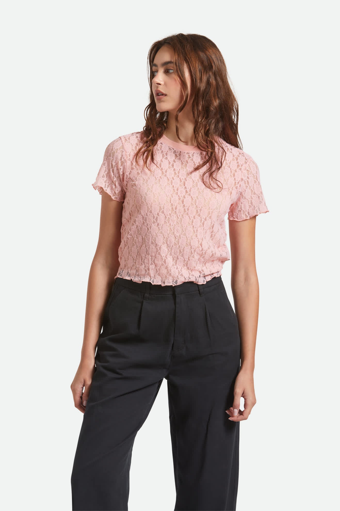 Women's Sheer Slim Lace S/S Top in the color Mellow Rose - Women's Front View