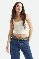 Women's Ringer Organic A-Tank in the color Off White/Olive Stone - Women's Front View