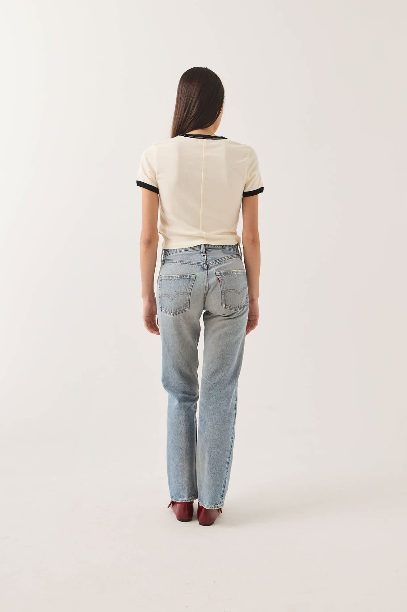 Women's Carefree Organic Garment Dye Ringer T-Shirt in the color Off White/Black - Women's Back View
