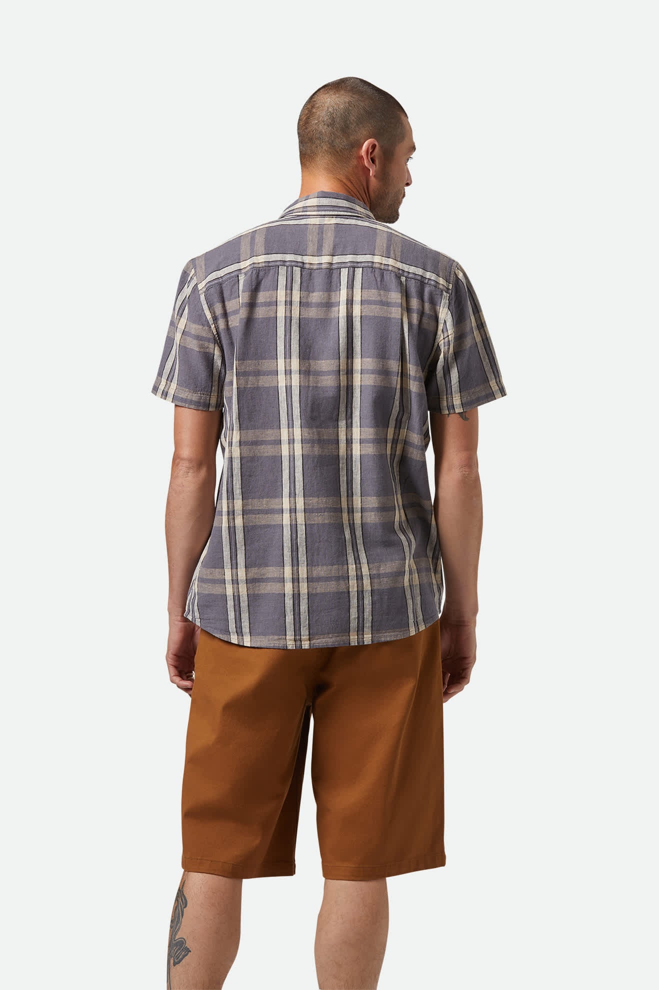 Men's Charter Linen Blend S/S Shirt in the color Charcoal/Beige Plaid - Men's Back View