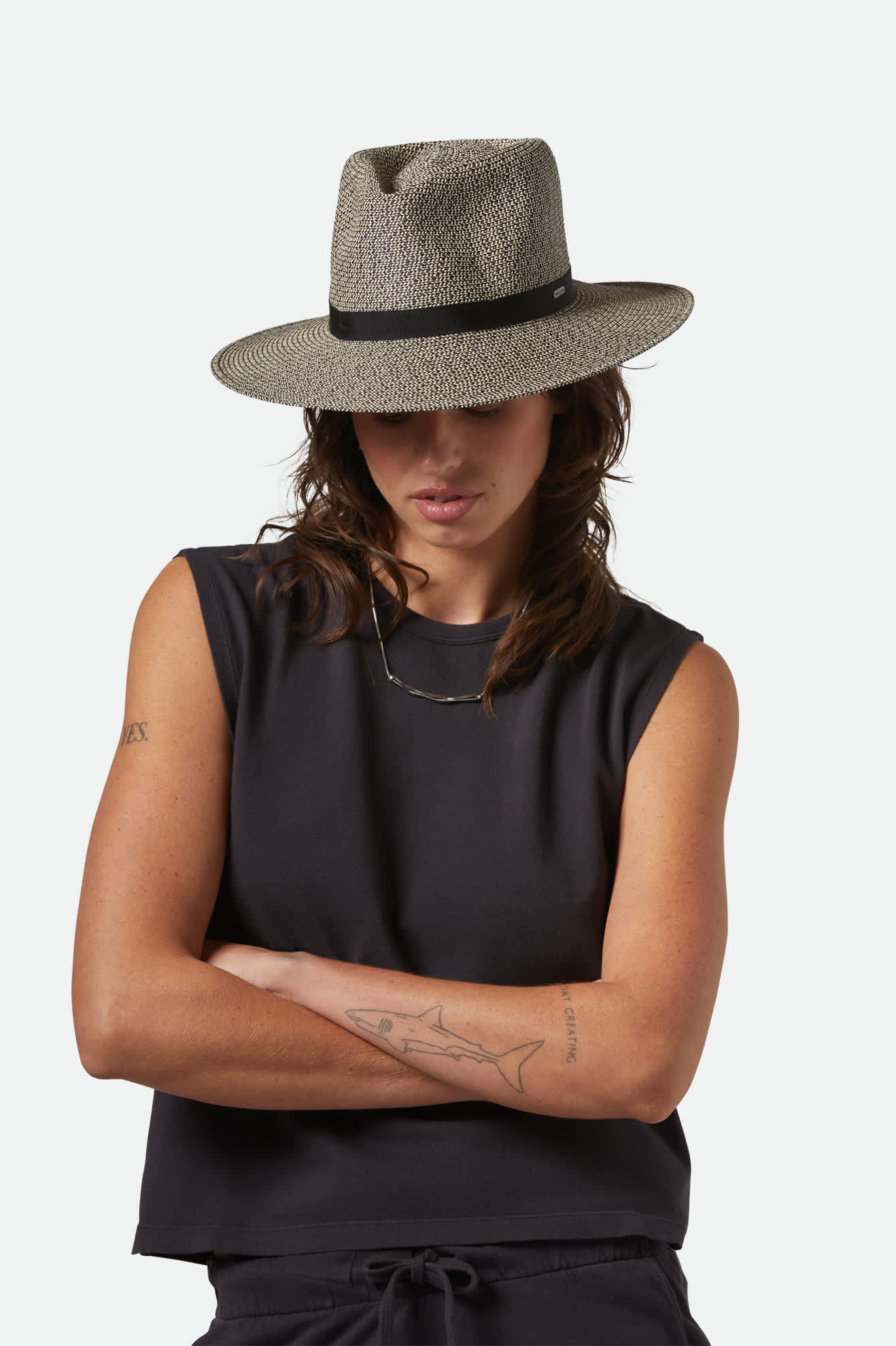 Women's Carolina Straw Packable Travel Hat in the color Black/Natural - Women's Front View