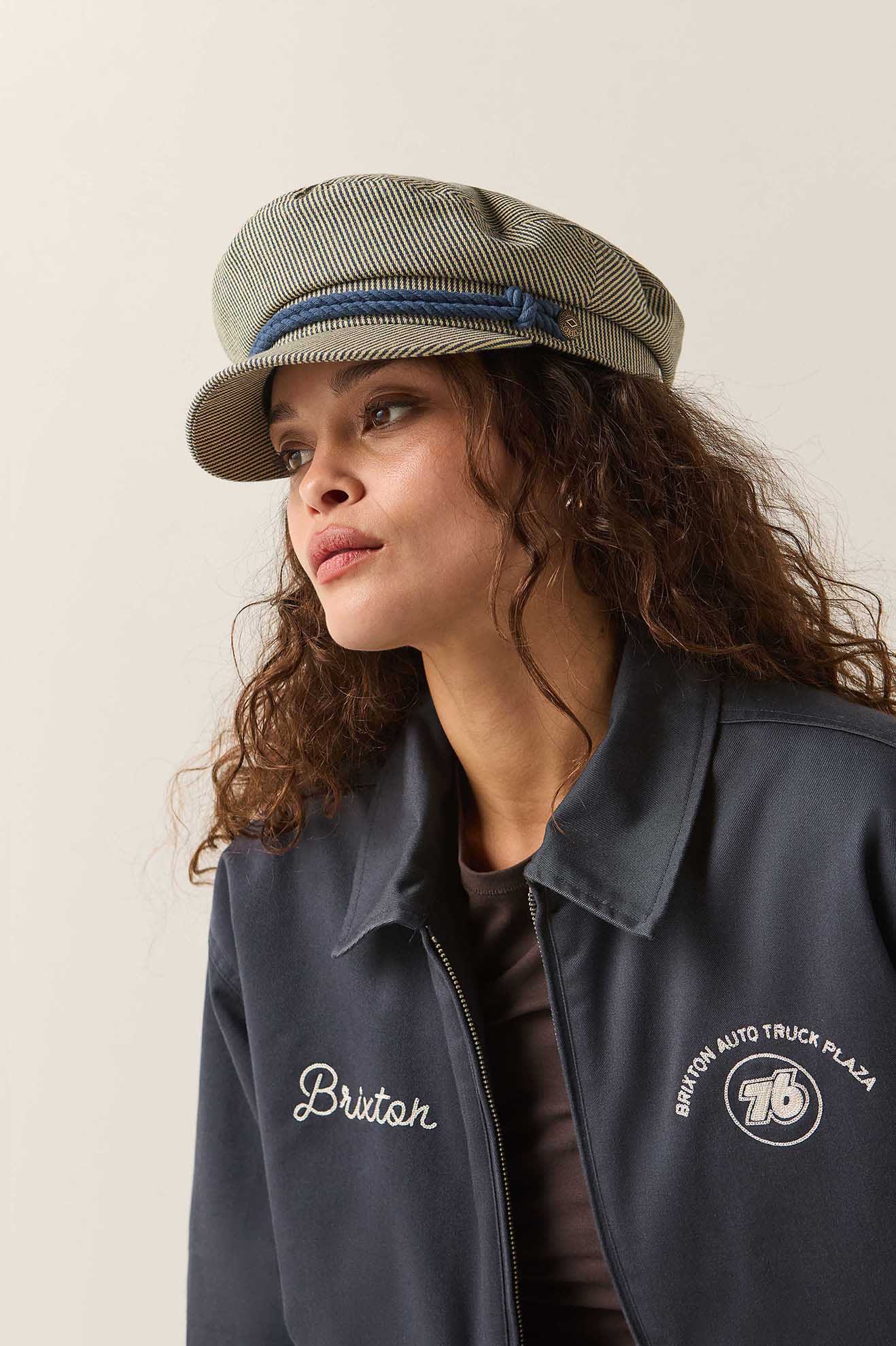 Unisex 76 Fiddler Fisherman Cap in the color Navy/Off White Hickory Stripe - Women's Side View