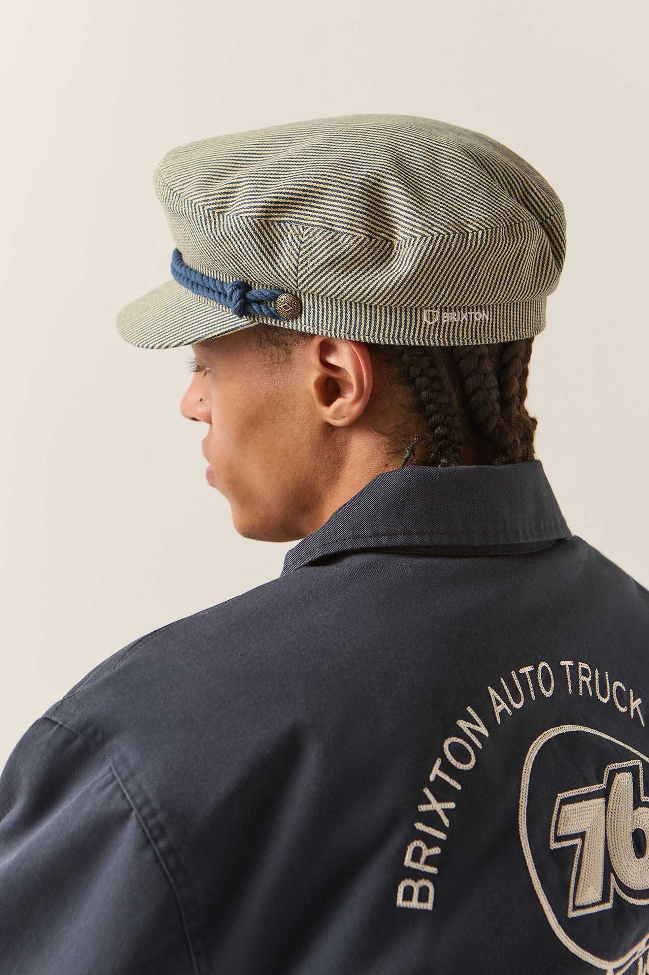 Unisex 76 Fiddler Fisherman Cap in the color Navy/Off White Hickory Stripe - Men's Back View