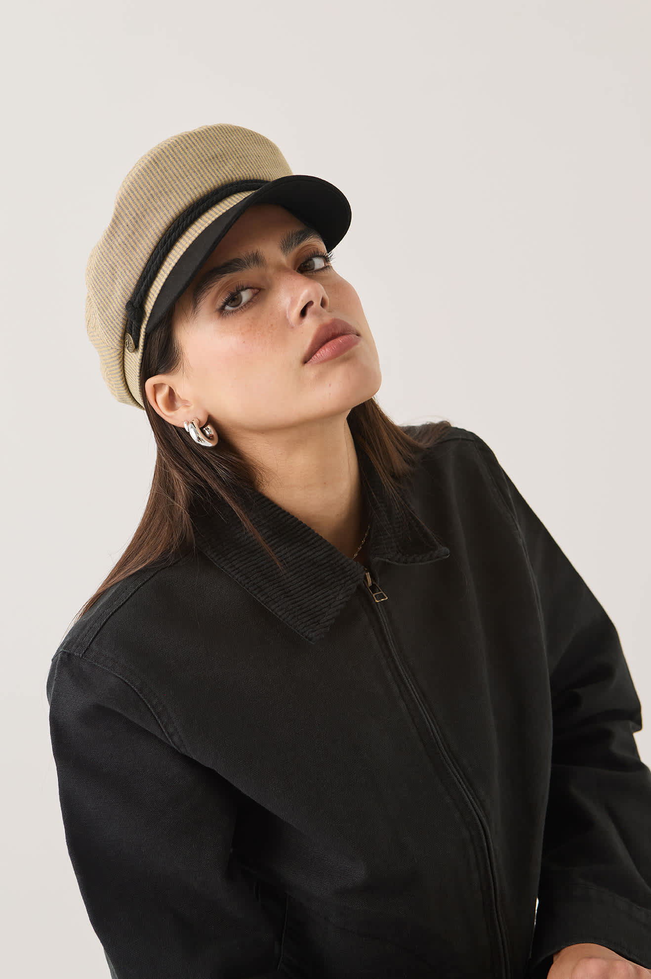 Women's Fiddler Fisherman Cap in the color Khaki Stripe/Washed Black - Women's Front View