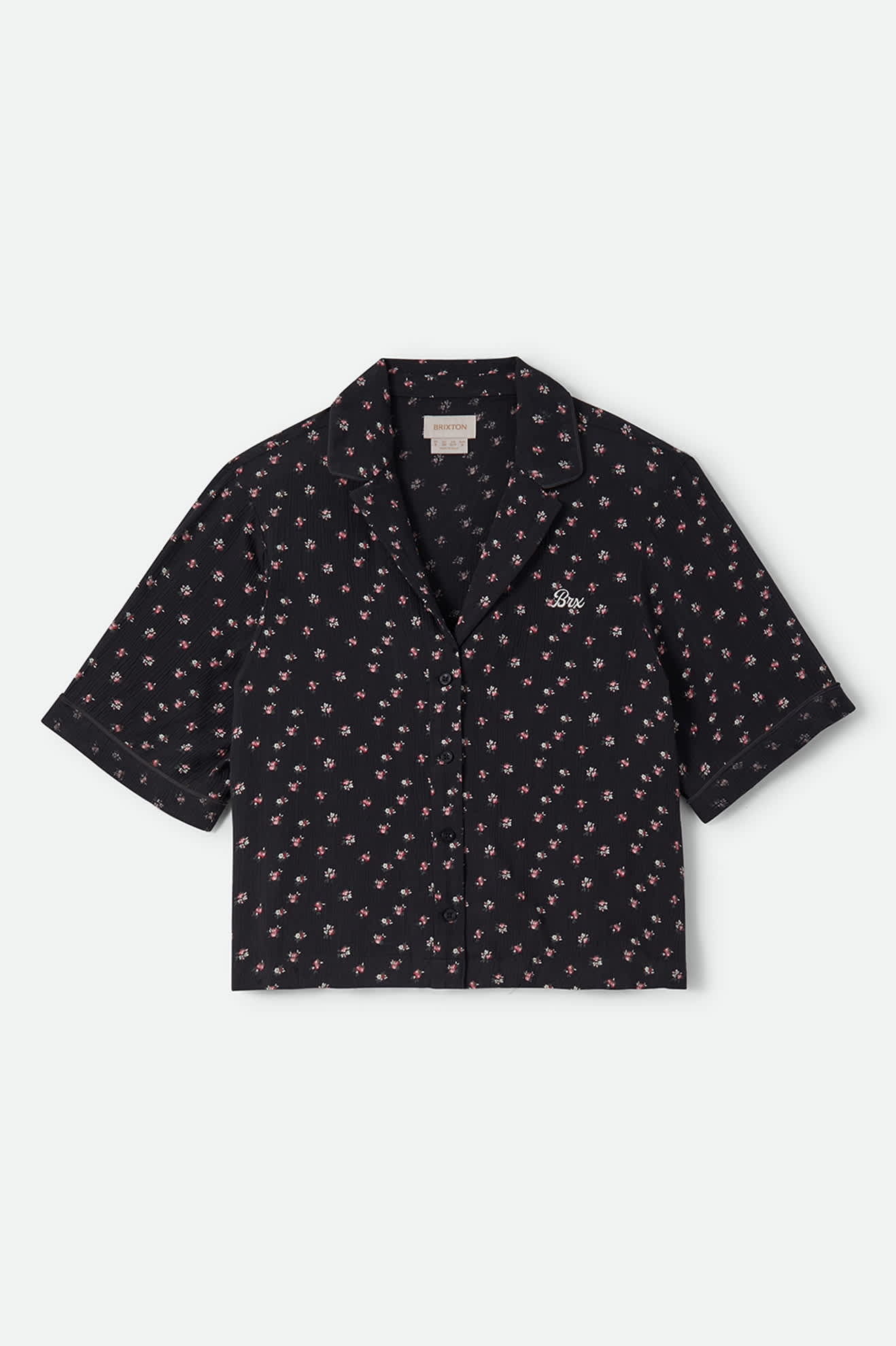 Women's Silky Bowling Button Down Shirt in the color Black Ditsy Floral - Front Product View