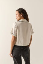 Women's Silky Bowling Button Down Shirt in the color Khaki/Off White/Black Micro - Women's Back View