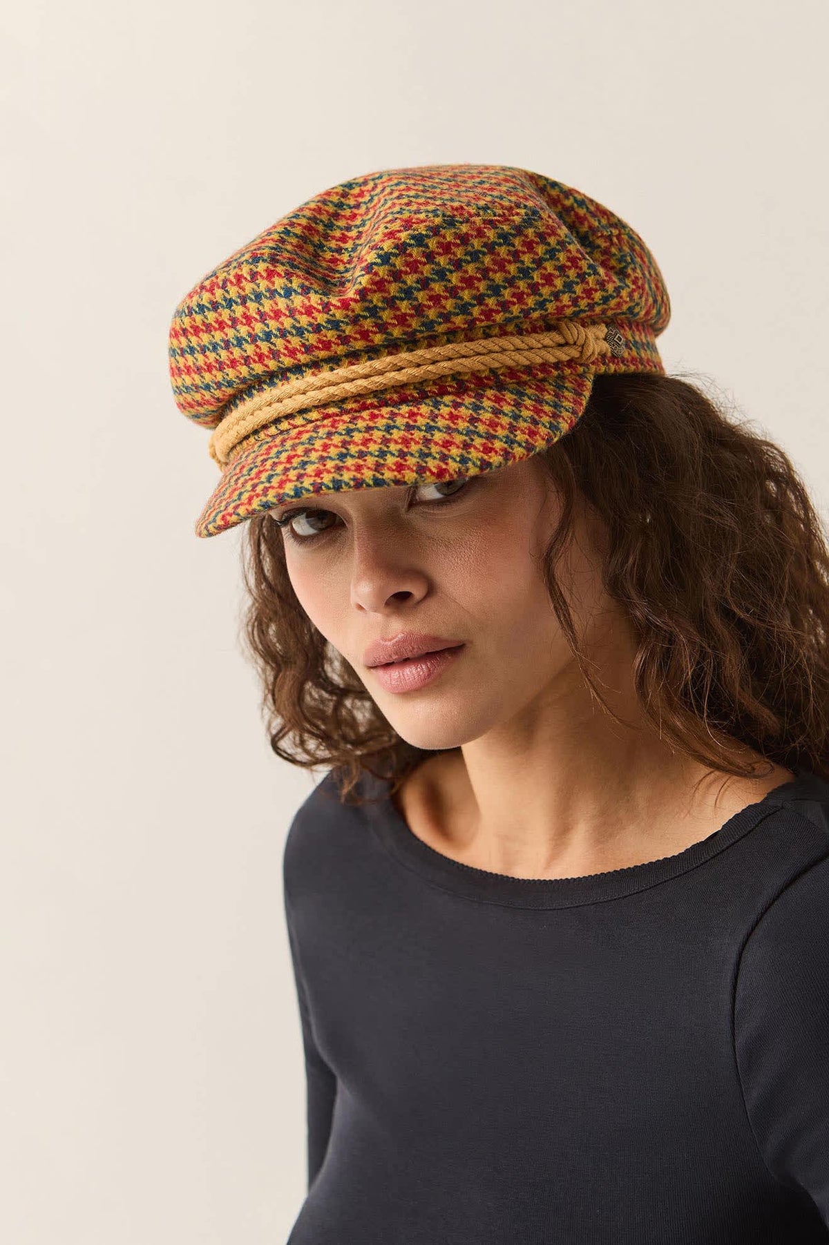 Unisex Fiddler Fisherman Cap in the color Taupe/Orange/Royal - Women's Front View