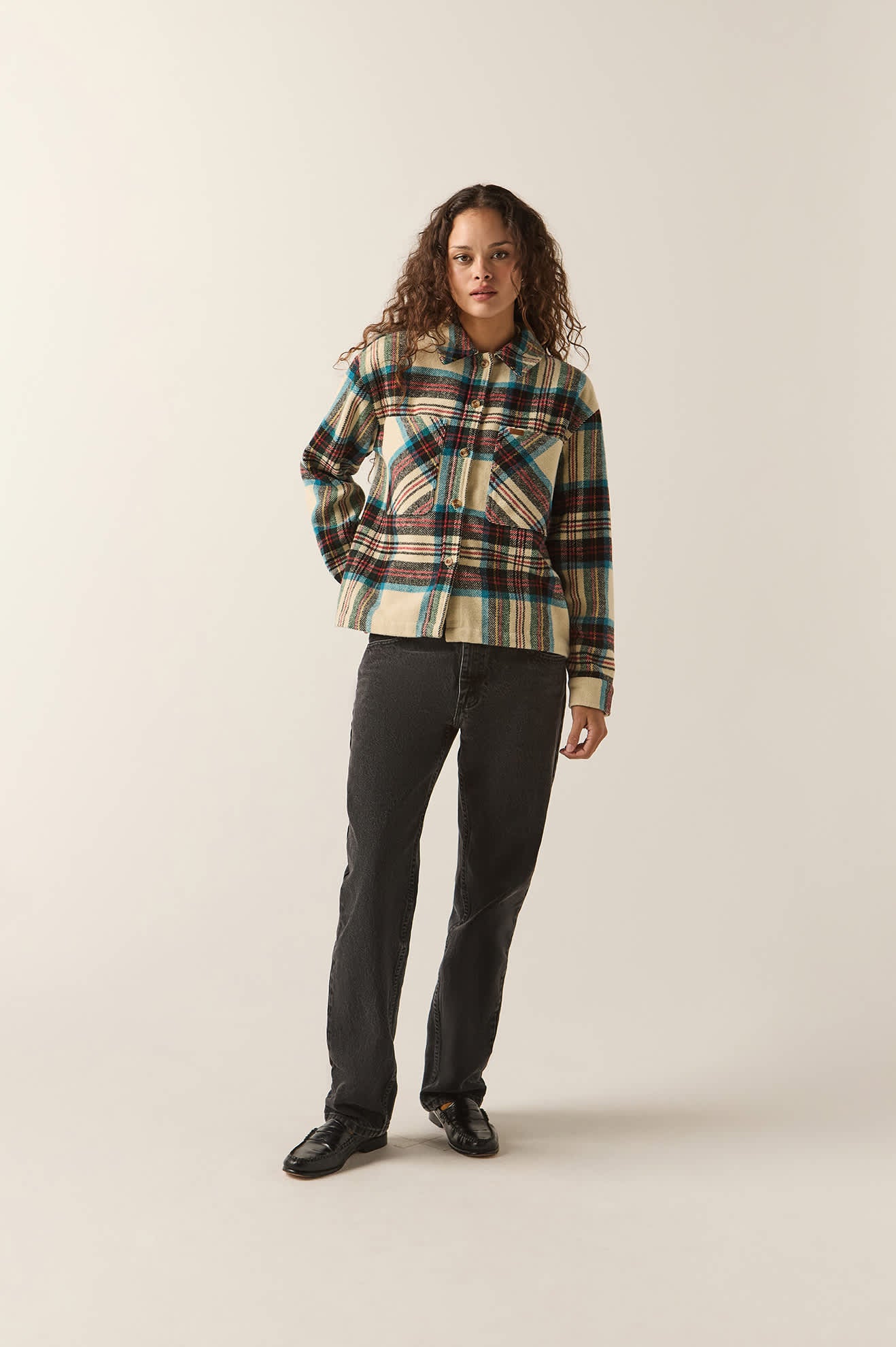 Women's Bowery Women's Soft Brushed Flannel in the color Off White Black/Tranquil Blue - Women's Front View