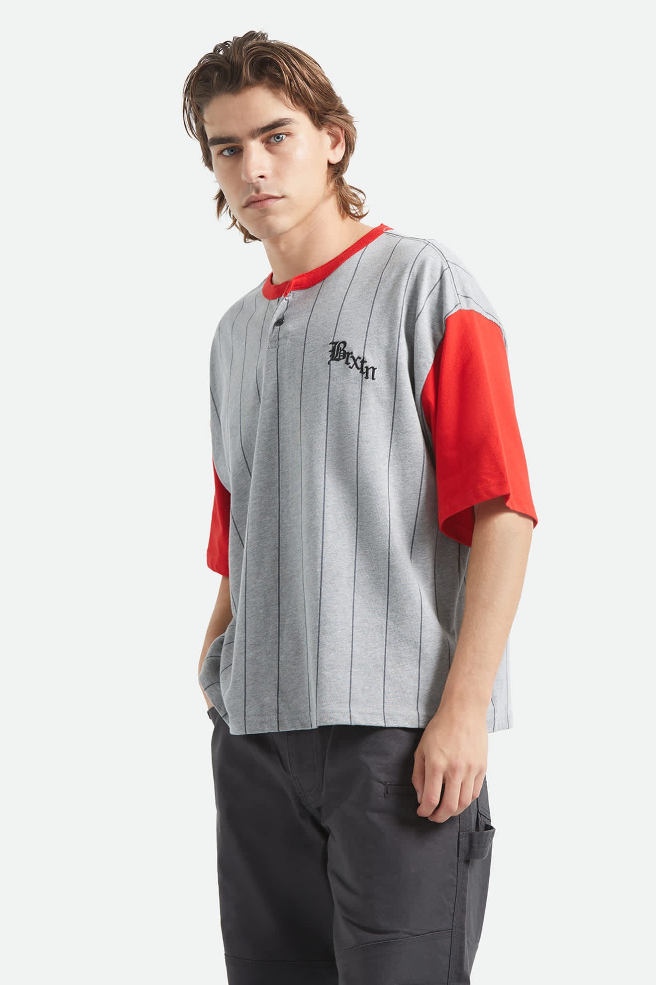 Men's Boxy Short Sleeve Baseball T-Shirt in the color Heather Grey/Adrenaline Rush - Additional Fit image
