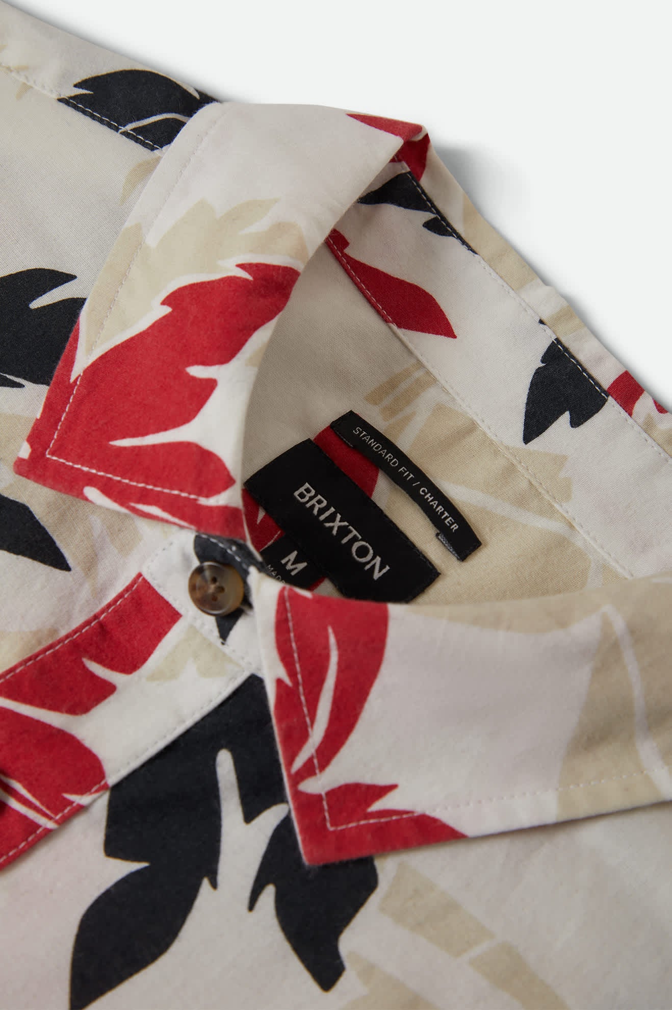 Men's Charter Print Short Sleeve Shirt in the color Off White/Black/Red Palm Floral - Additional Laydown image