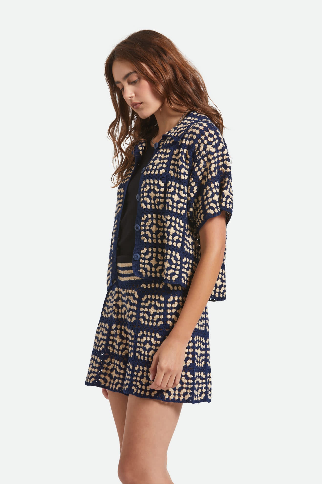 Women's Crochet S/S Button Down in the color Mood Indigo/Off White - Women's Side View