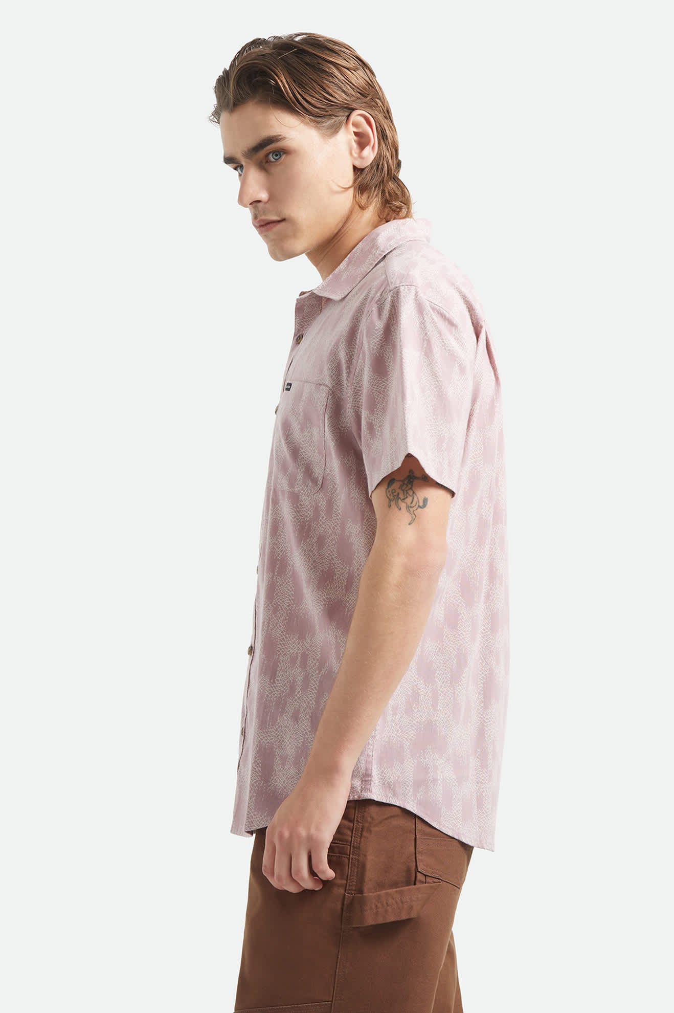 Men's Charter Print Short Sleeve Shirt in the color Dark Pink/Silver Crackle Paint - Men's Side View