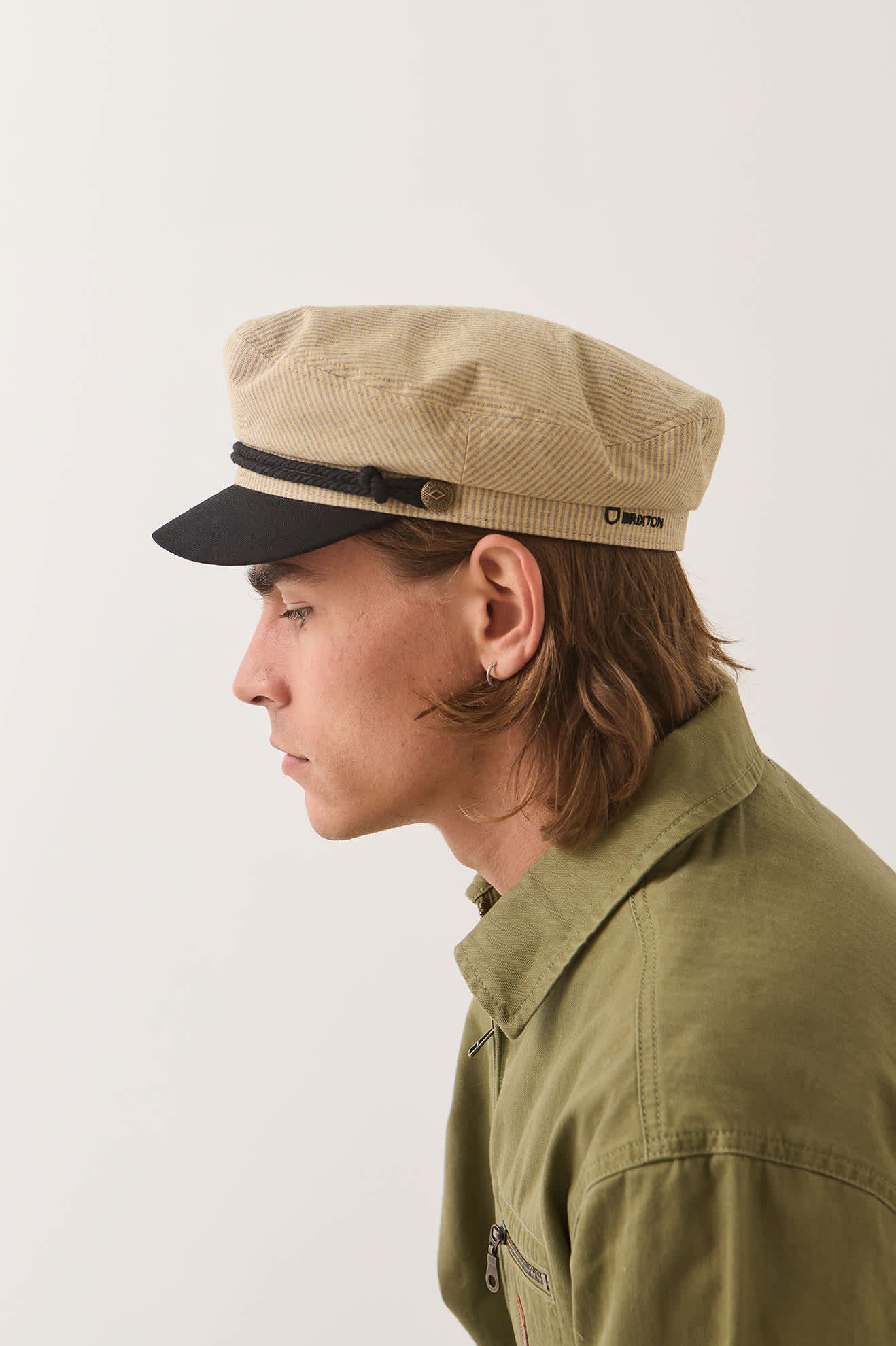 Women's Fiddler Fisherman Cap in the color Khaki Stripe/Washed Black - Men's Side View