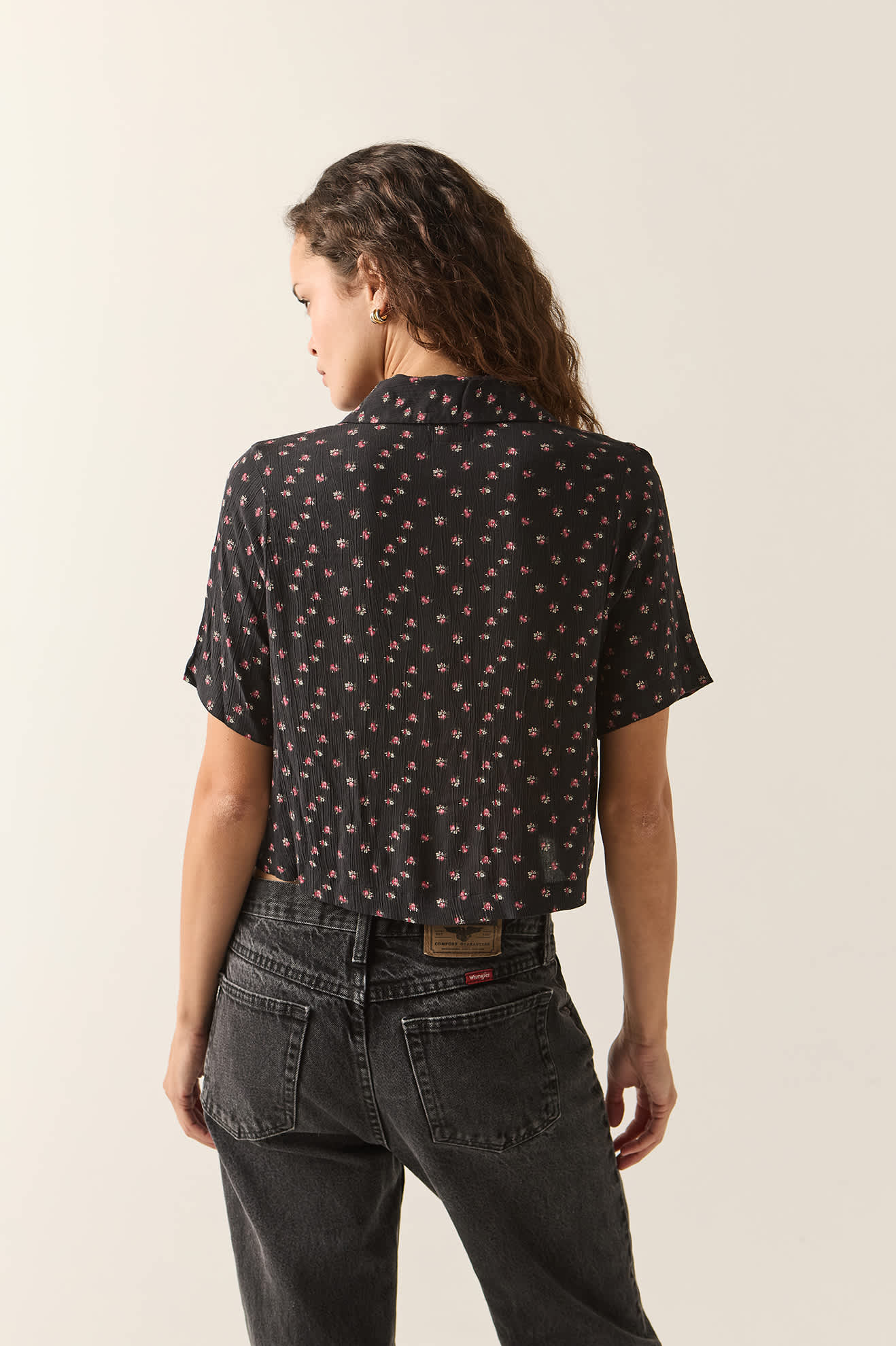 Women's Silky Bowling Button Down Shirt in the color Black Ditsy Floral - Women's Back View