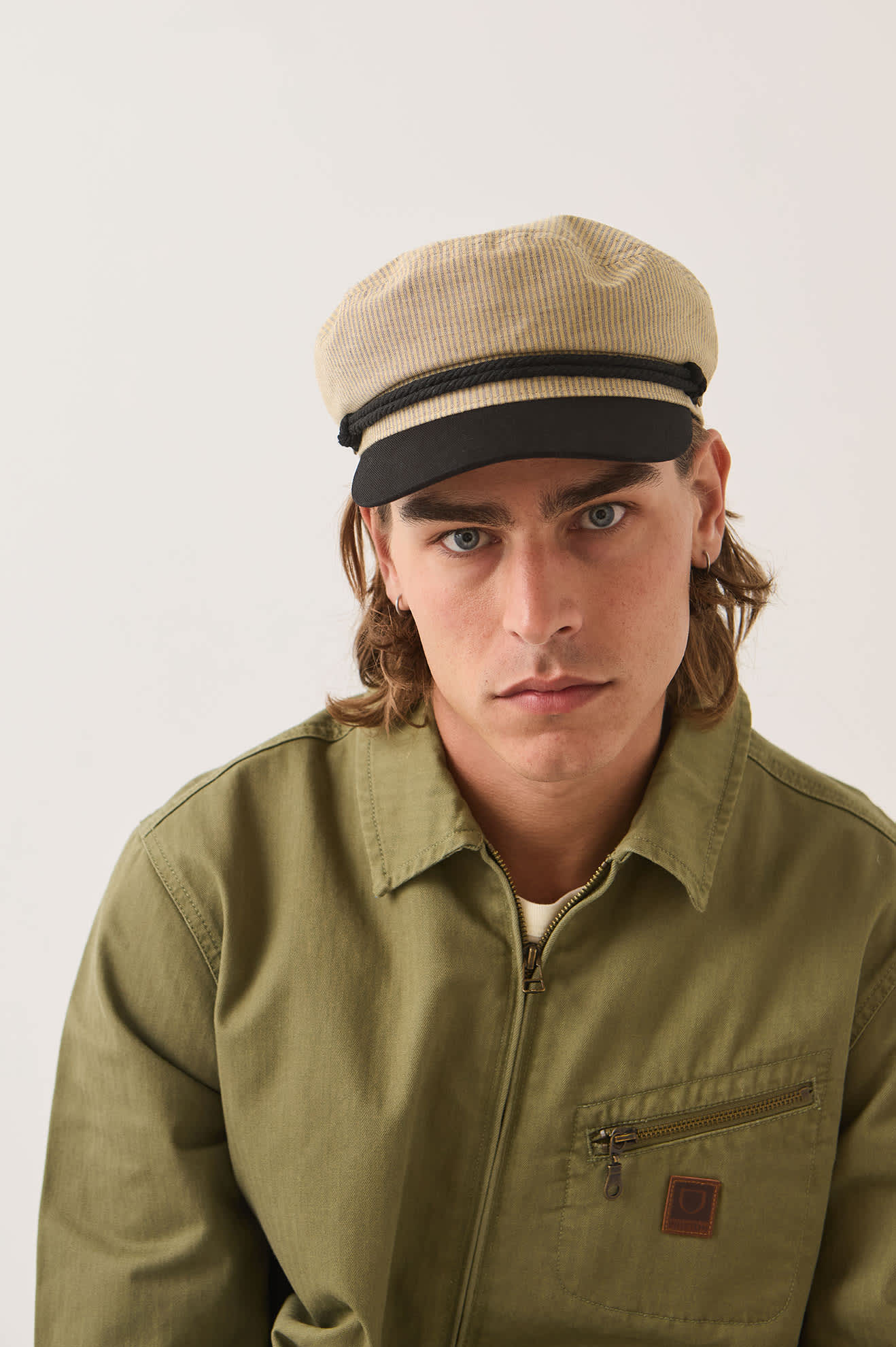 Women's Fiddler Fisherman Cap in the color Khaki Stripe/Washed Black - Men's Front View