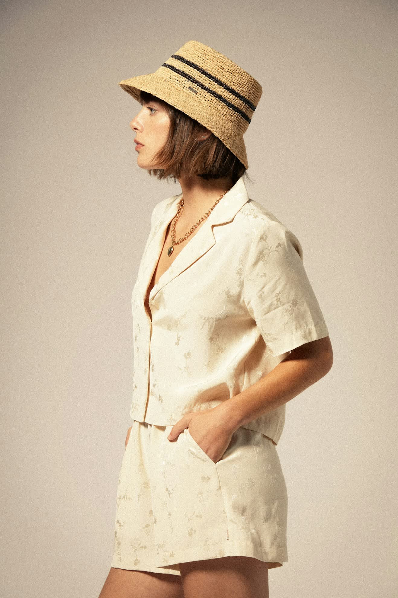 Women's Silky Jacquard Short in the color Whitecap Floral Jacquard - Additional Fit View