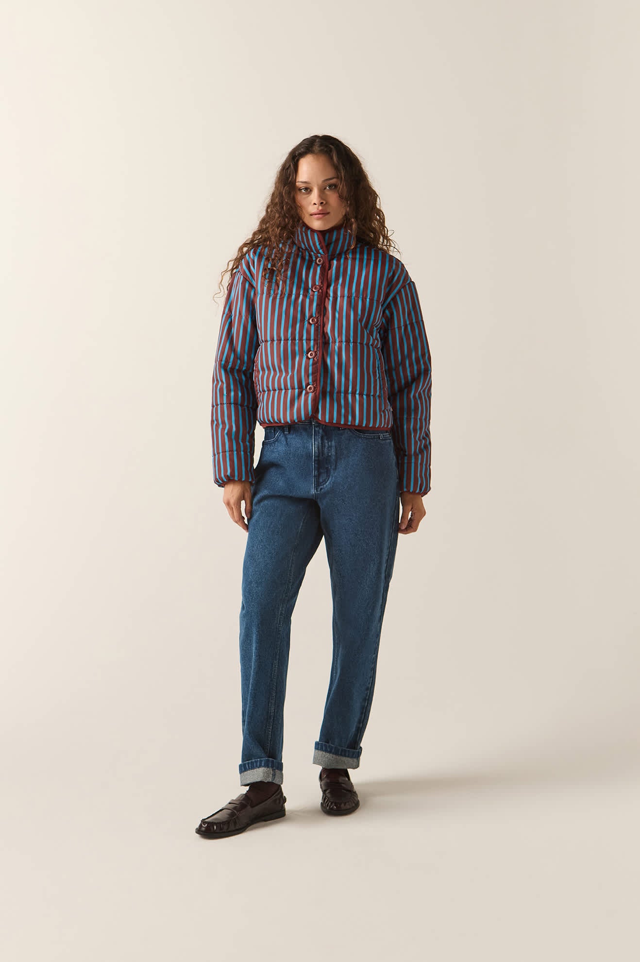 Women's Delilah Mock Neck Jacket in the color Dark Brick/Electric Indigo Stripe - Women's Front View