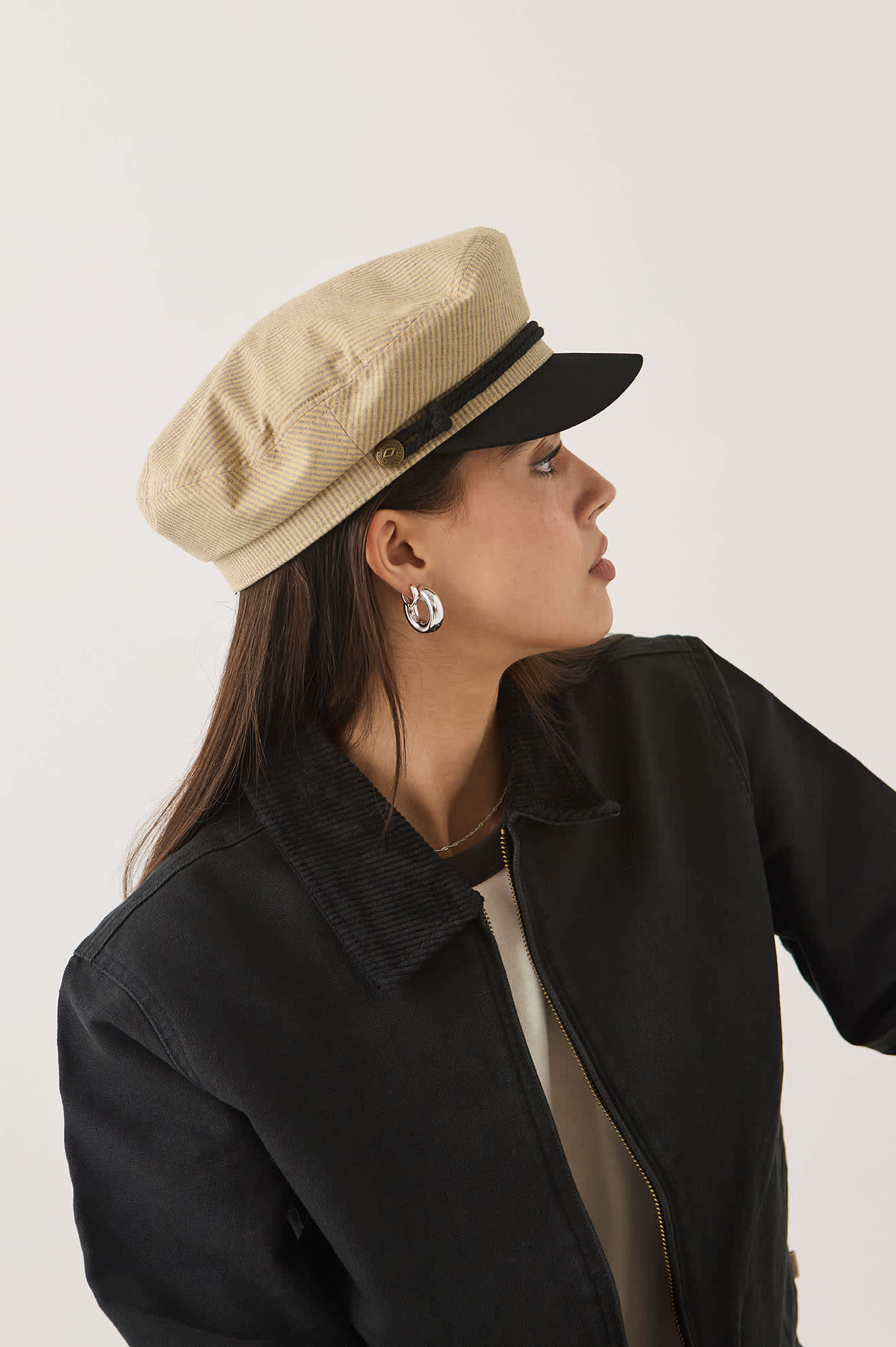 Women's Fiddler Fisherman Cap in the color Khaki Stripe/Washed Black - Women's Side View