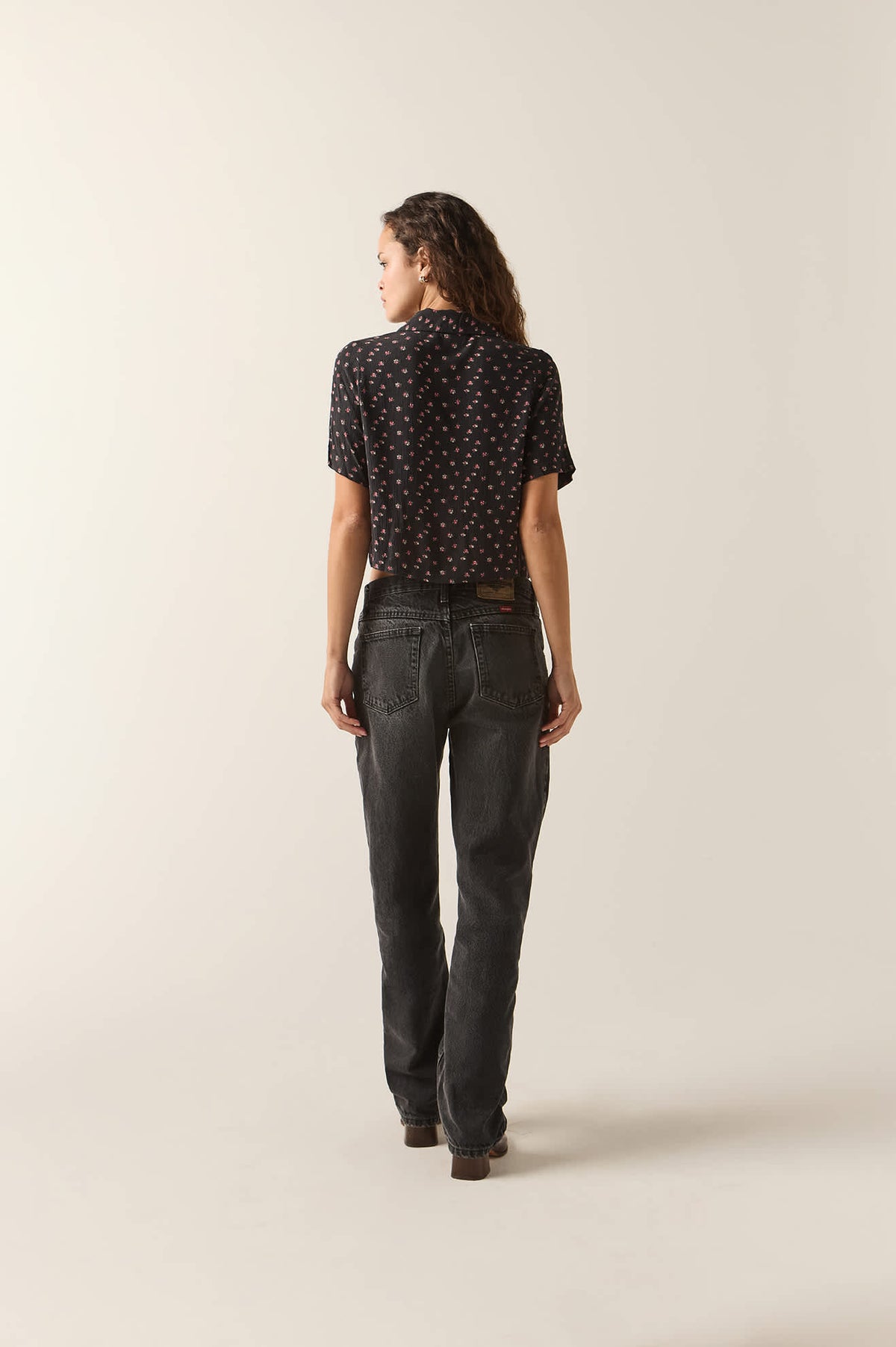 Women's Silky Bowling Button Down Shirt in the color Black Ditsy Floral - Additional Fit image