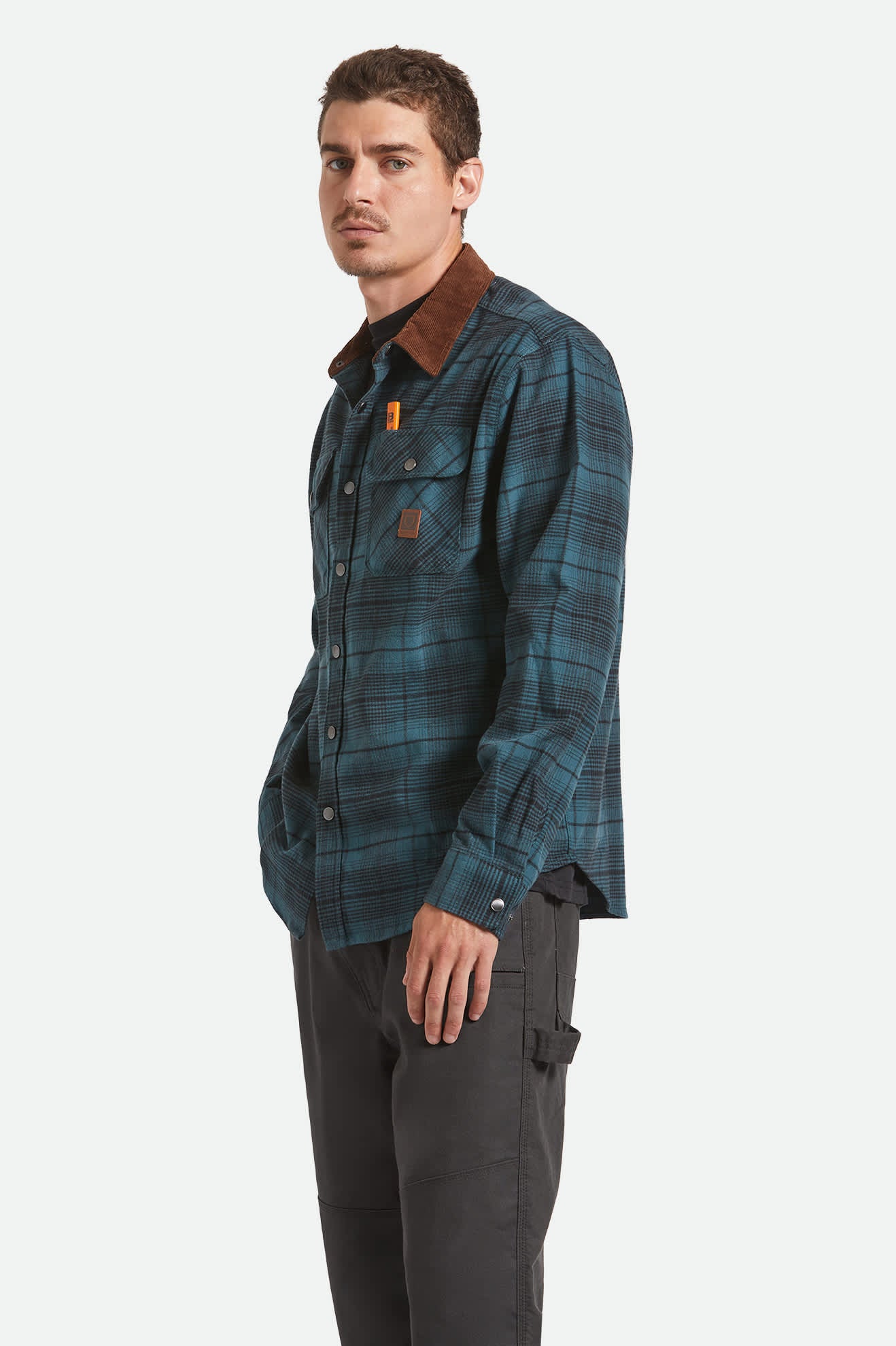 Men's Builders Bowery Stretch Water Resistant Flannel in the color Night Sage/Black - Men's Side View
