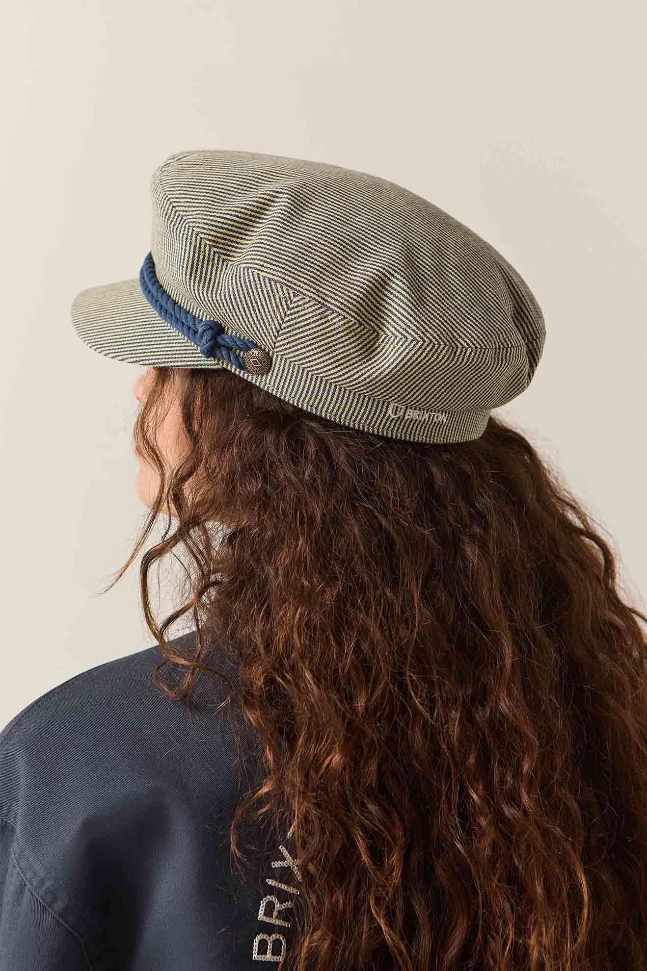 Unisex 76 Fiddler Fisherman Cap in the color Navy/Off White Hickory Stripe - Women's Back View