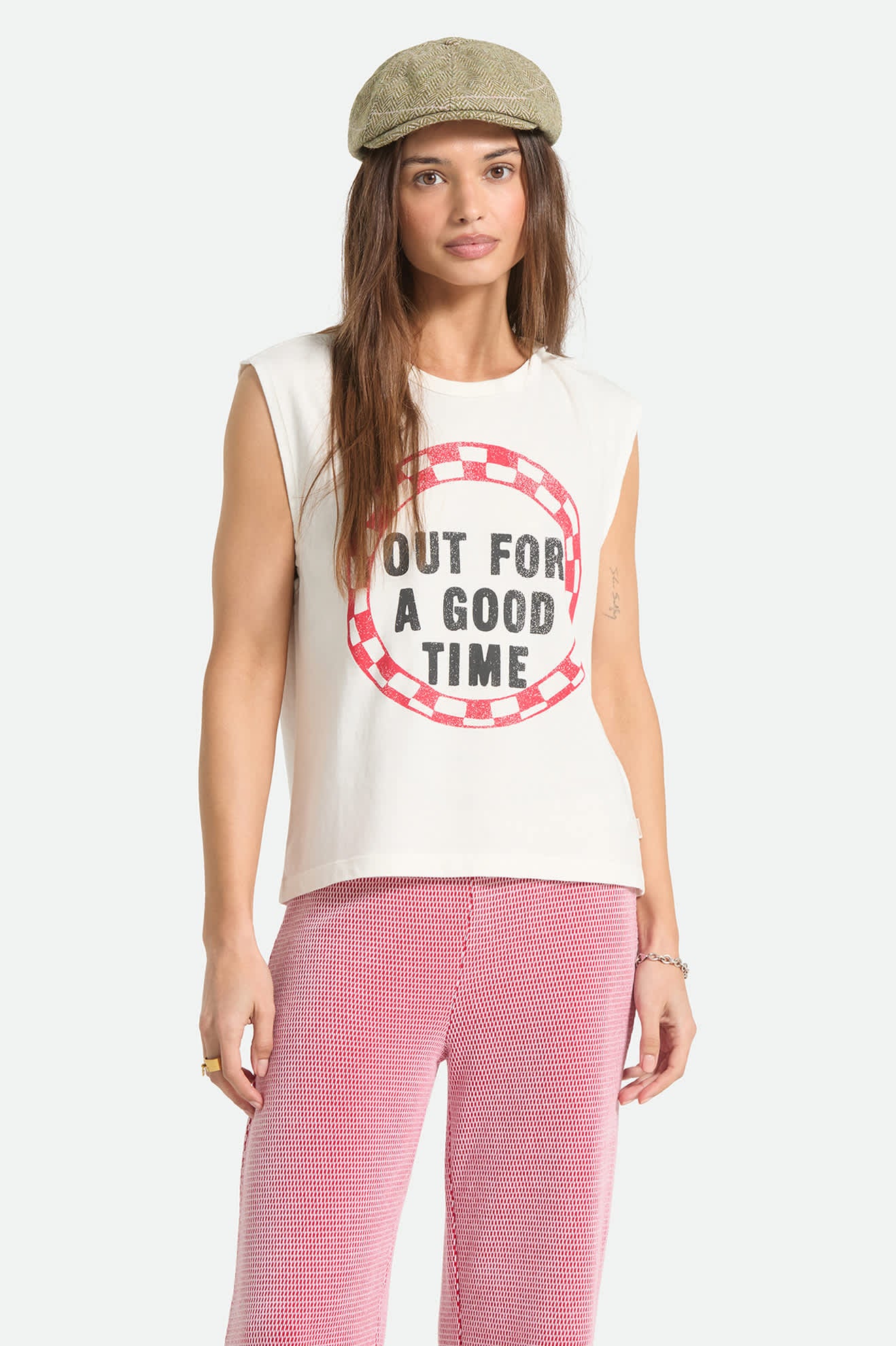 Women's Out For A Good Time Muscle Tank in the color Off White - Women's Front View
