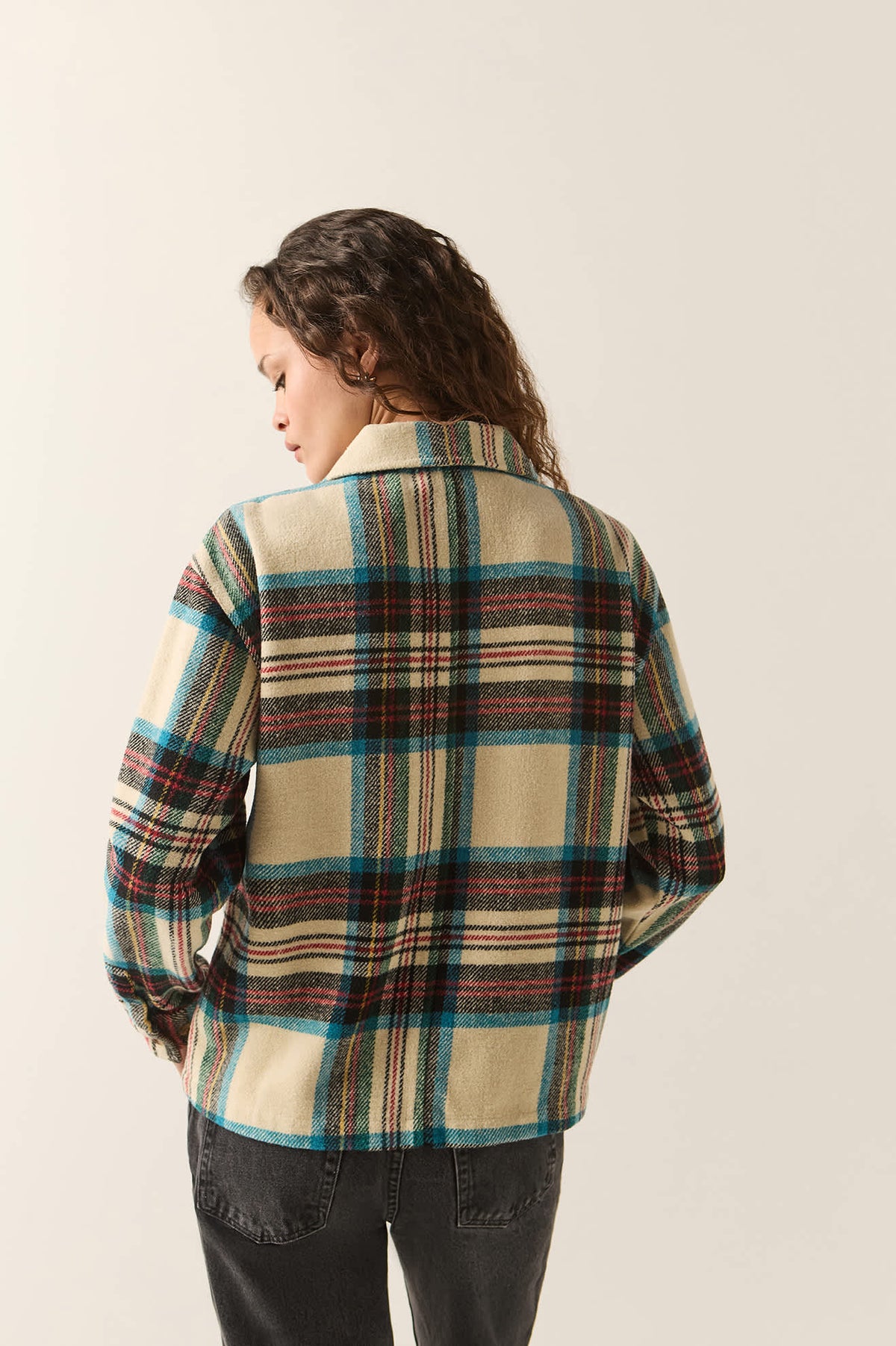 Women's Bowery Women's Soft Brushed Flannel in the color Off White Black/Tranquil Blue - Women's Back View