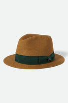 Unisex Roma Straw Packable Fedora in the color Dark Tan/Primal Green - Front Product View